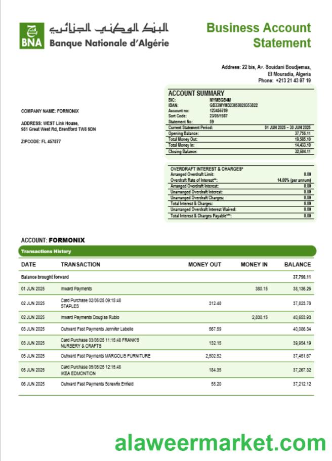Banque nationale d’Algérie (BNA) enterprise account statement Word and PDF template